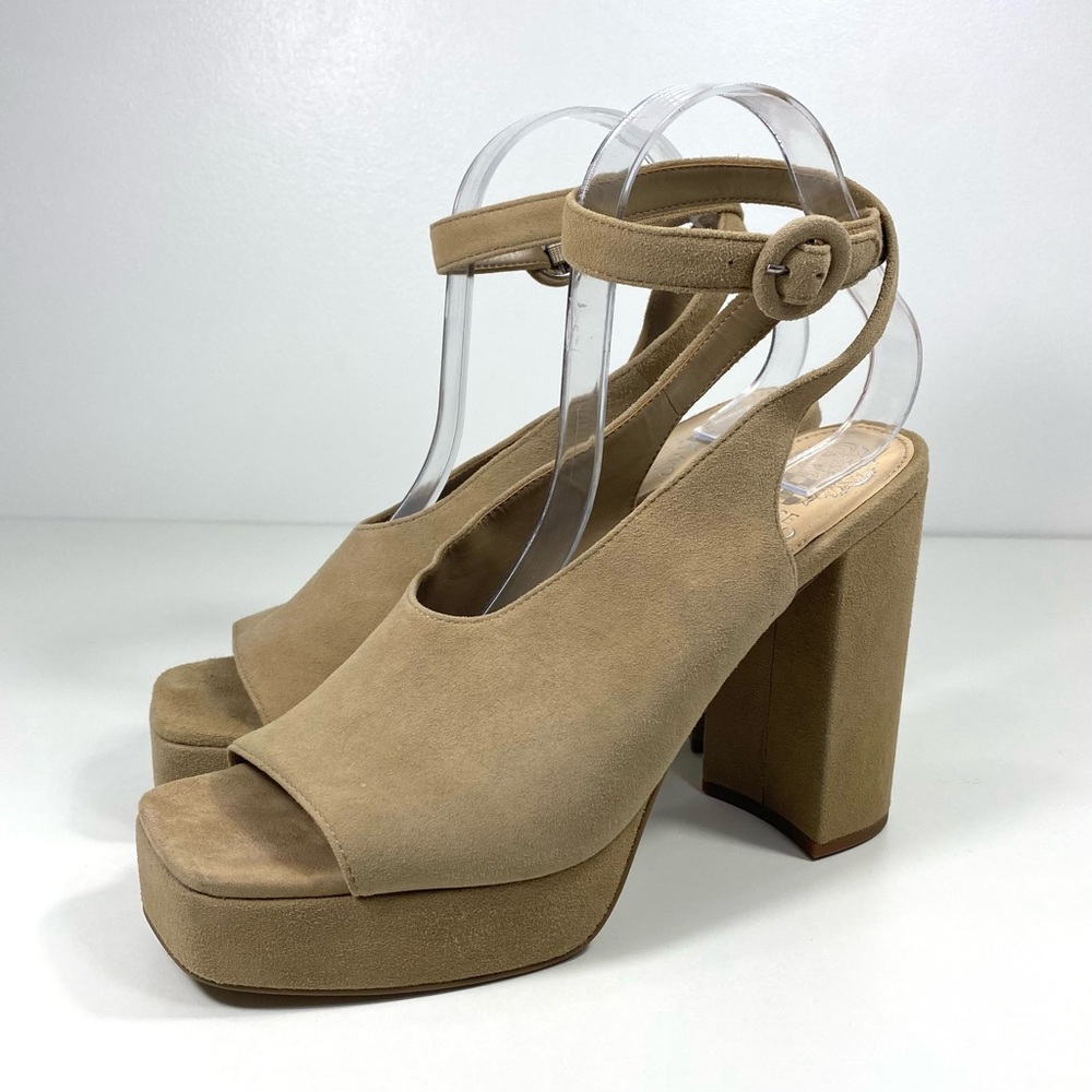 Vince Camuto Somerson Tan Suede Leather Square Toe Platform Sandals Heels 9.5